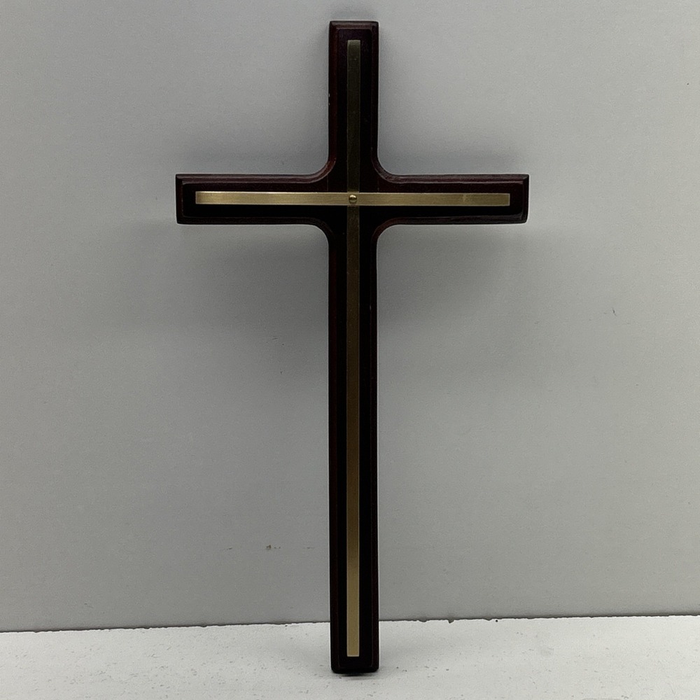 Vintage Wooden Wall Cross 10.5" Burgundy Gold Brass Inlay Magnets Back